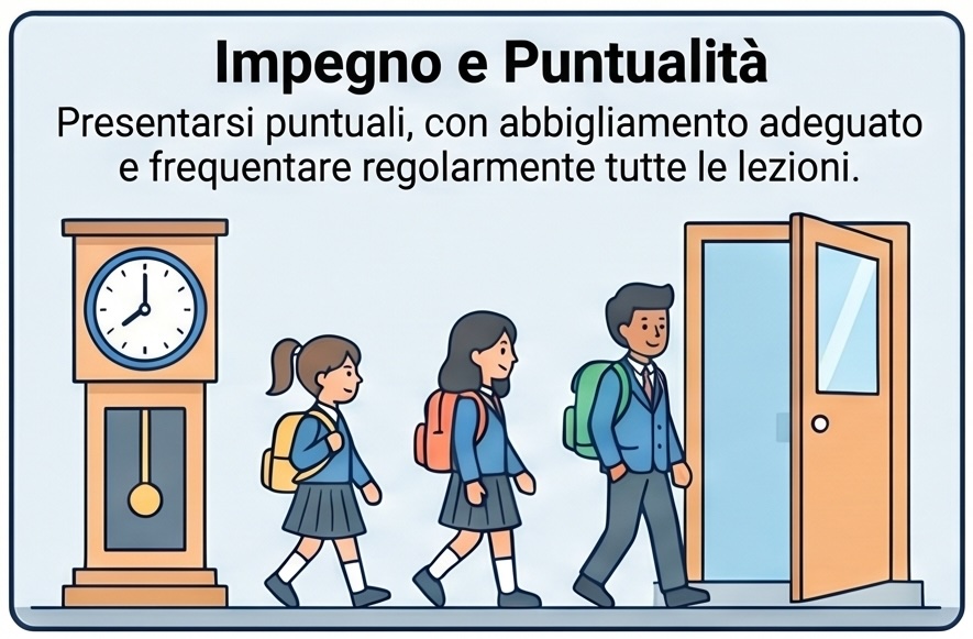 Impegno e puntualità: presentarsi puntuali, con abbigliamento adeguato e frequentare regolarmente le lezioni