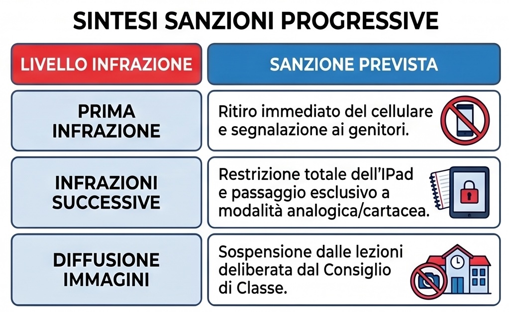 Sintesi sanzioni progressive: prima infrazione ritiro del cellulare; infrazioni successive restrizione dell'iPad; diffusione immagini sospensione dalle lezioni