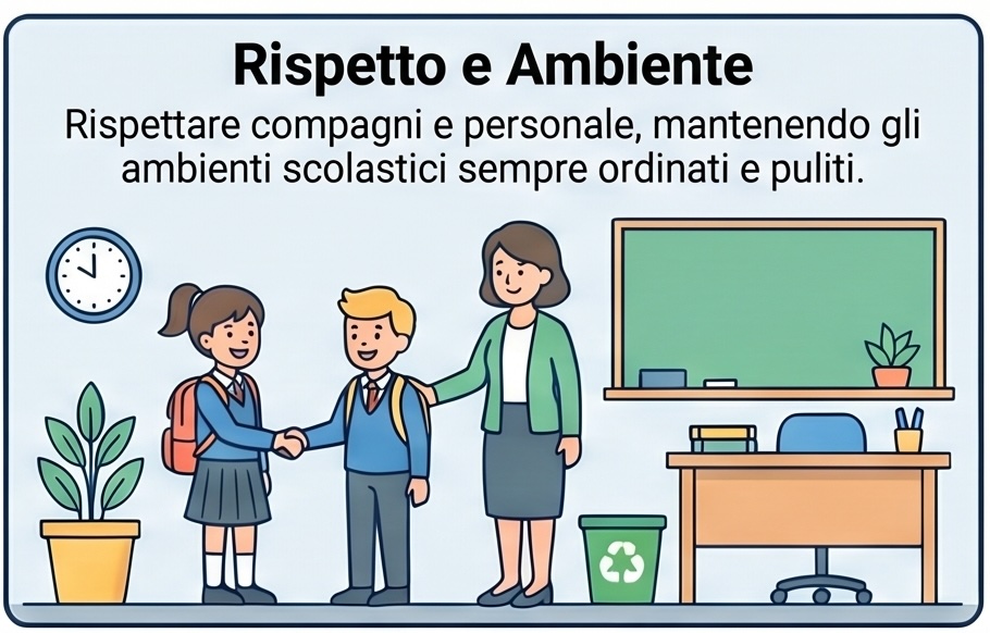 Rispetto e ambiente: rispettare compagni e personale, mantenendo gli ambienti scolastici ordinati e puliti