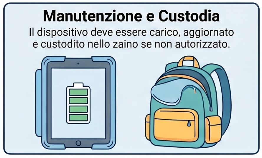 Manutenzione e custodia: il dispositivo deve essere carico, aggiornato e custodito nello zaino se non autorizzato